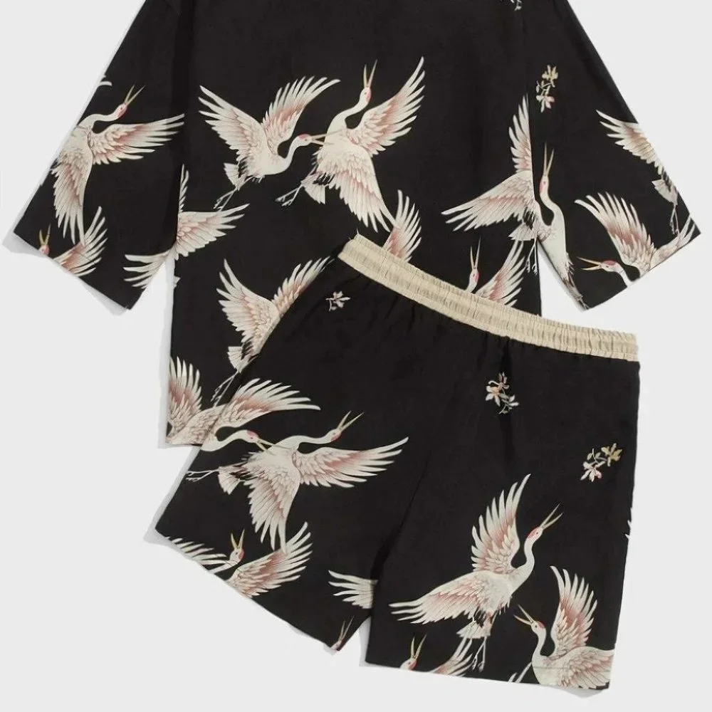Casual Men's Crane Print Shirt & Set - Picture 4 of 6